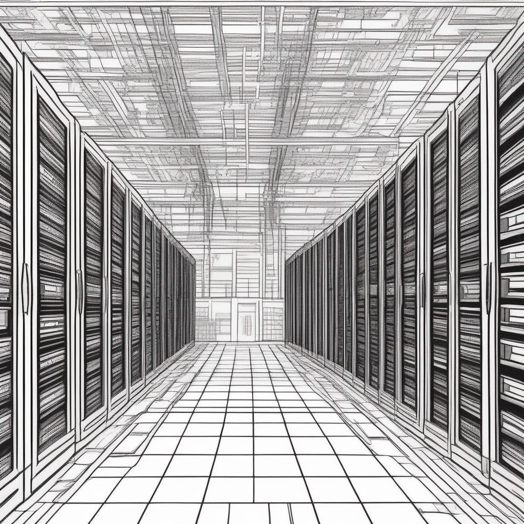 ruimte kleurplaat - een server ruimte in een data center met CRAH units aan de zijkant, raised floortiles en alle kabels die er bij horen.