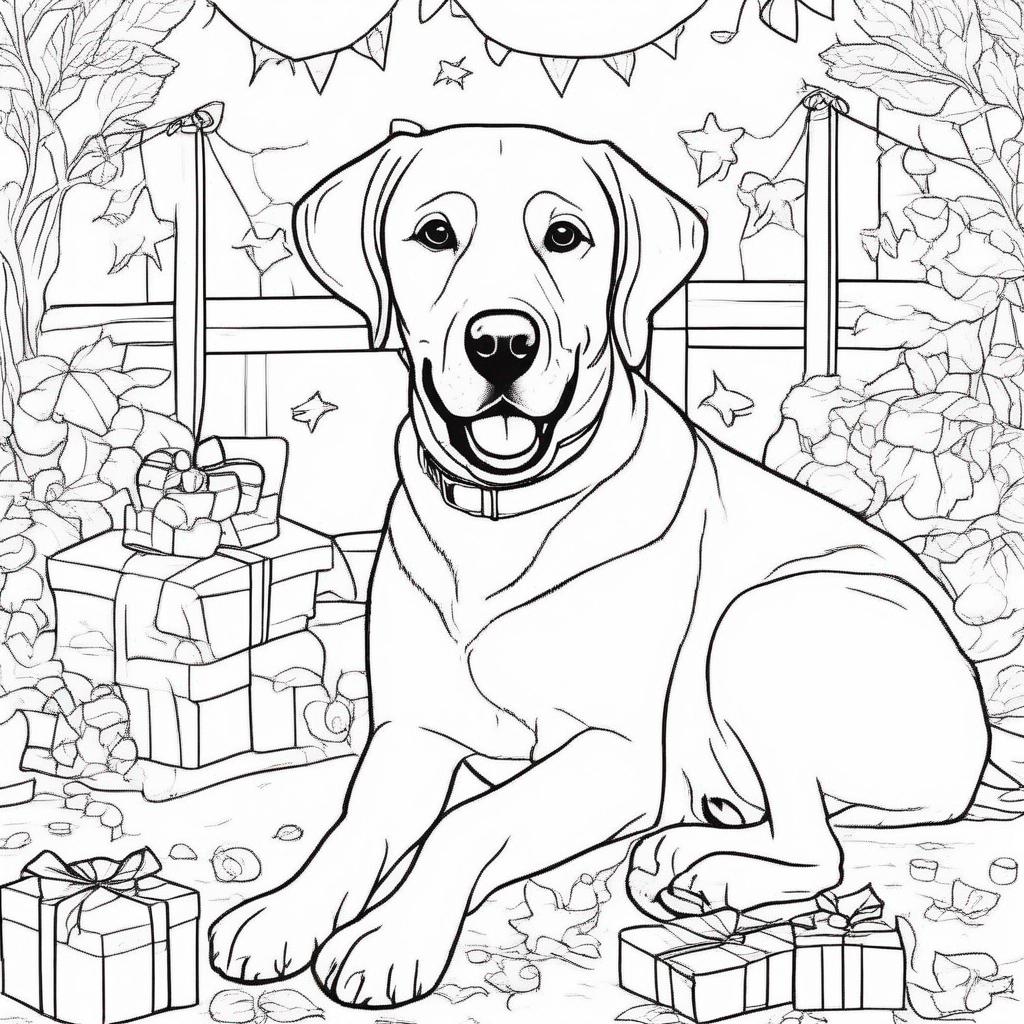 feest kleurplaat - Stel je een feestelijke scène voor met een vrolijke labrador en een peuter die samen spelen. De labrador draagt een feestmuts en de peuter heeft misschien een verjaardagsmuts op. Achter hen zie je kleurrijke ballonnen en slingers.  De labrador kijkt blij naar de peuter, terwijl de peuter lacht en de labrador knuffelt. In het midden van de kleurplaat staat de tekst "Gefeliciteerd mama!" geschreven in grote, vrolijke letters.