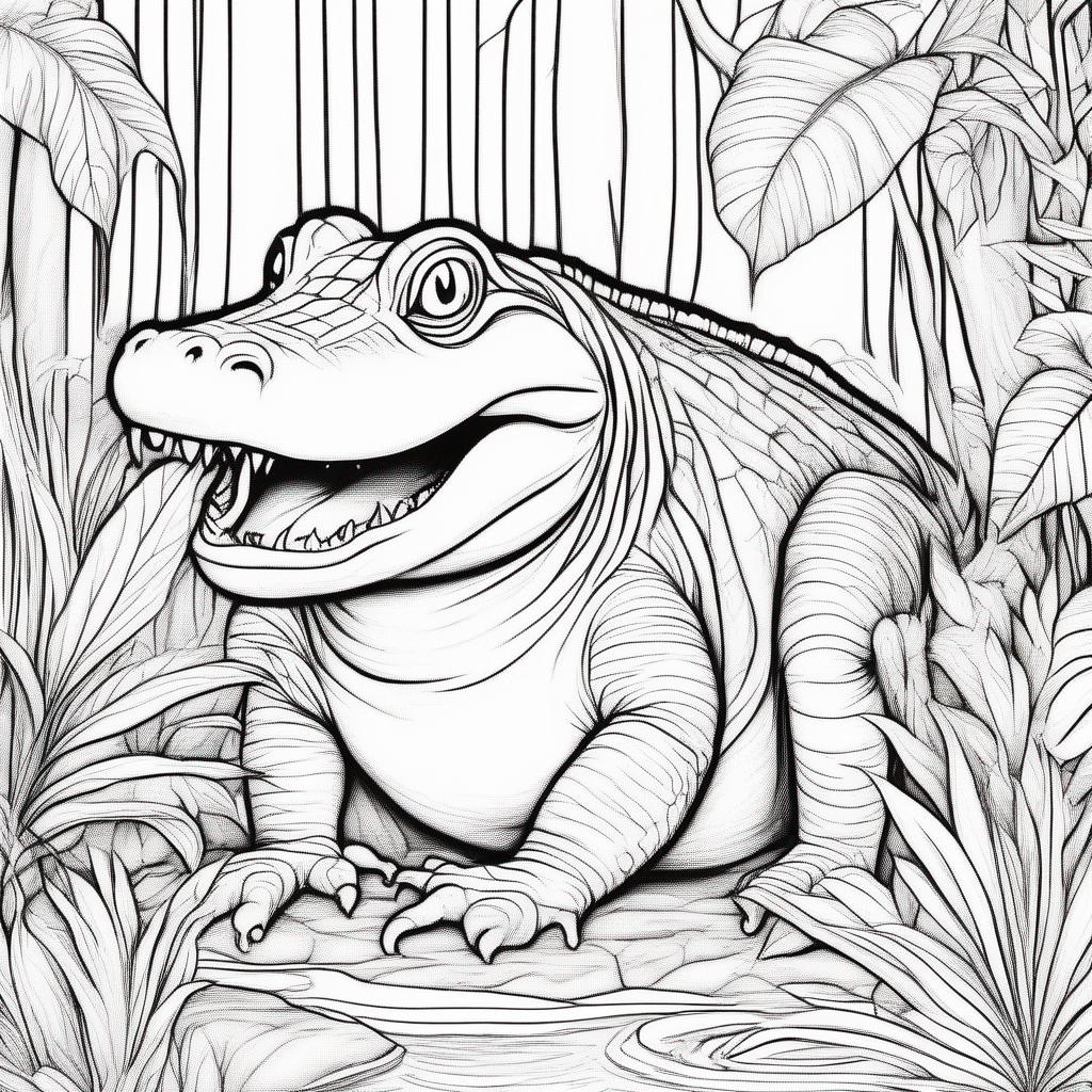 dieren kleurplaat - Een jungle met veel dieren, zoals reptielen, een leeuw, een beer, een zeearend, een zeeadder en een krokodil