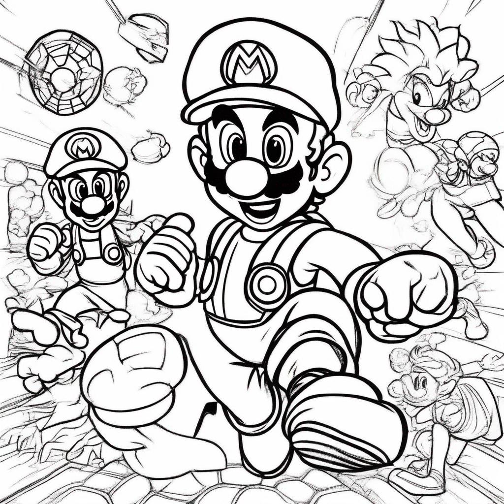 superhelden kleurplaat - Superhelden thema met verschillende karakters zoals mario, luigi, daisy, spiderman, f1, voetbal en nog veel meer. Tekening mag breed zijn