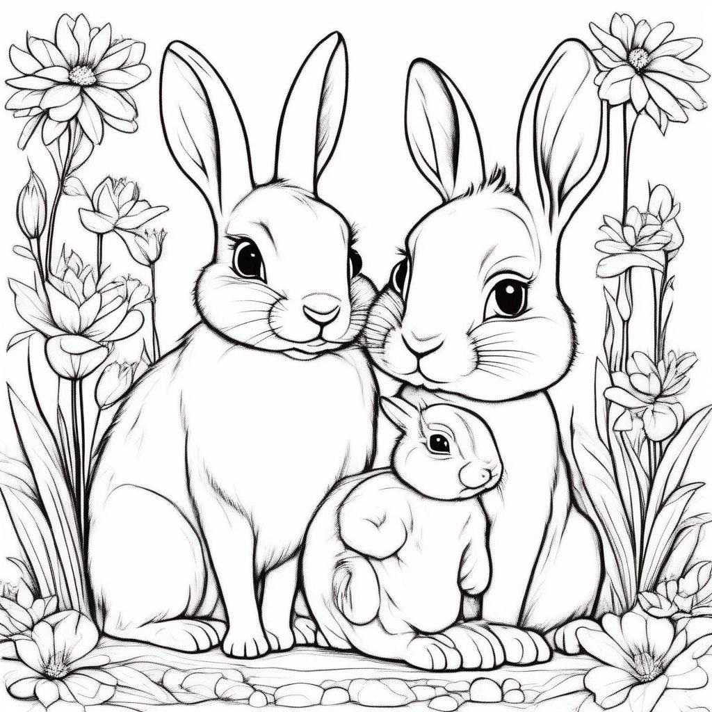 verjaardag kleurplaat - Een gezin van 4 konijntjes op een verjaardag. Papa en mama konijn en jongetje konijn en baby konijn