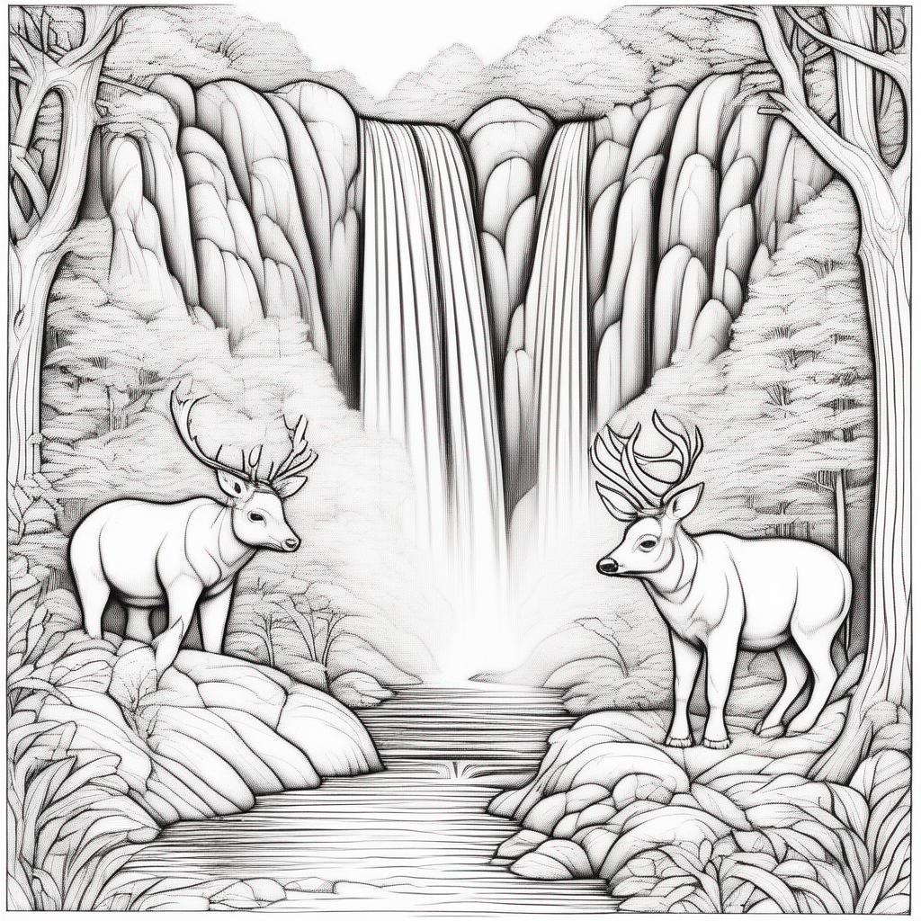 dieren kleurplaat - Dieren in het bos met waterval 