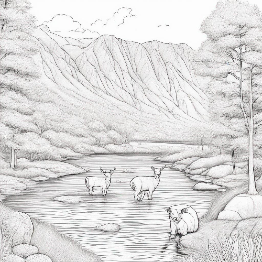 dieren kleurplaat - landschap bergen, rivier, veel dieren, zon