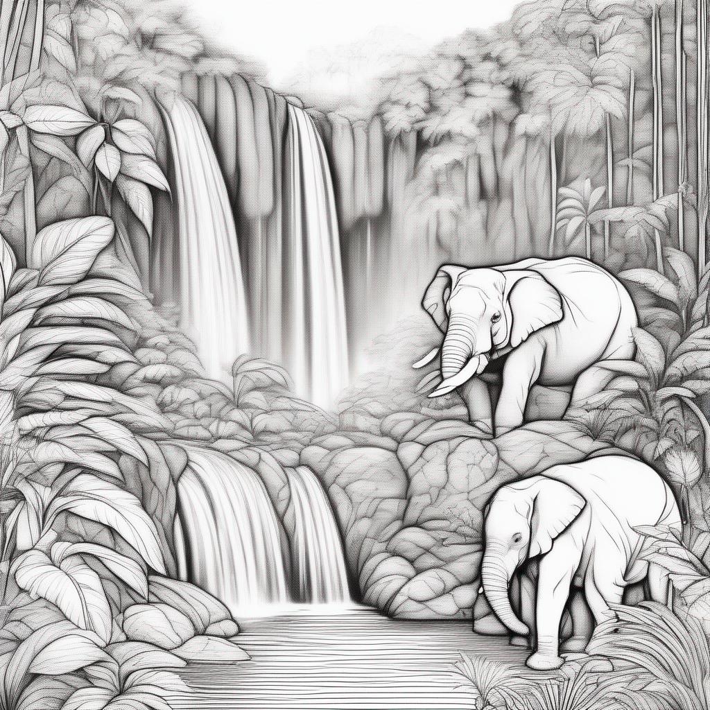 dieren kleurplaat - Jungle met verschillende verstopte dieren, twee verdwaalde avonturiers, waterval op achtergrond.