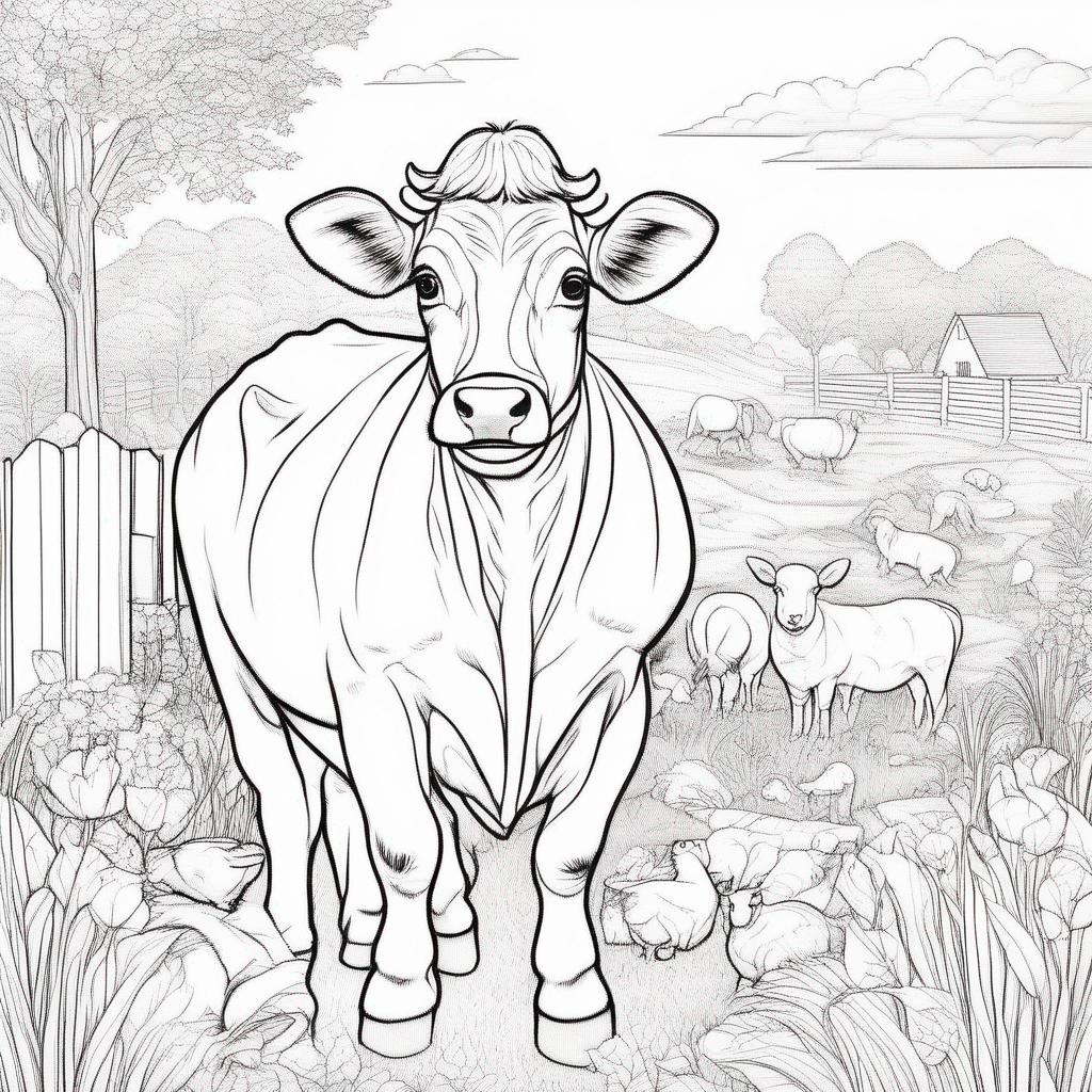 dieren kleurplaat - Boerderij met verschillende dieren. Het is zonnig