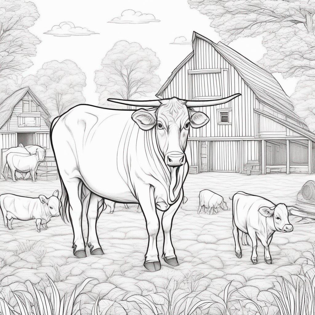 dieren kleurplaat - Een tekening met een grote boerderij en een rietendak. Er lopen verschillende dieren rondom de boerderij