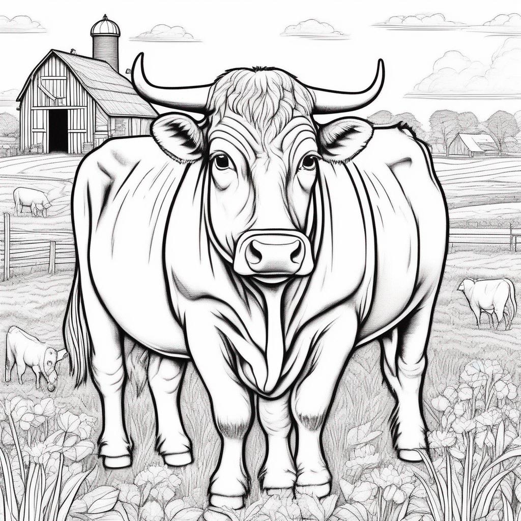 dieren kleurplaat - Een kleurplaat met een grote boerderij en een rietendak. Er lopen verschillende dieren rondom de boerderij