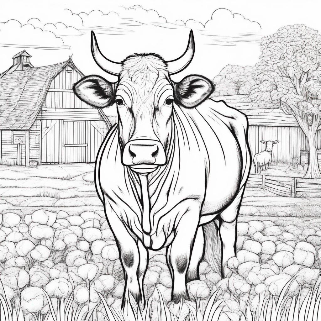 dieren kleurplaat - Een kleurplaat met een grote boerderij en een rietendak. Er lopen dieren rondom de boerderij