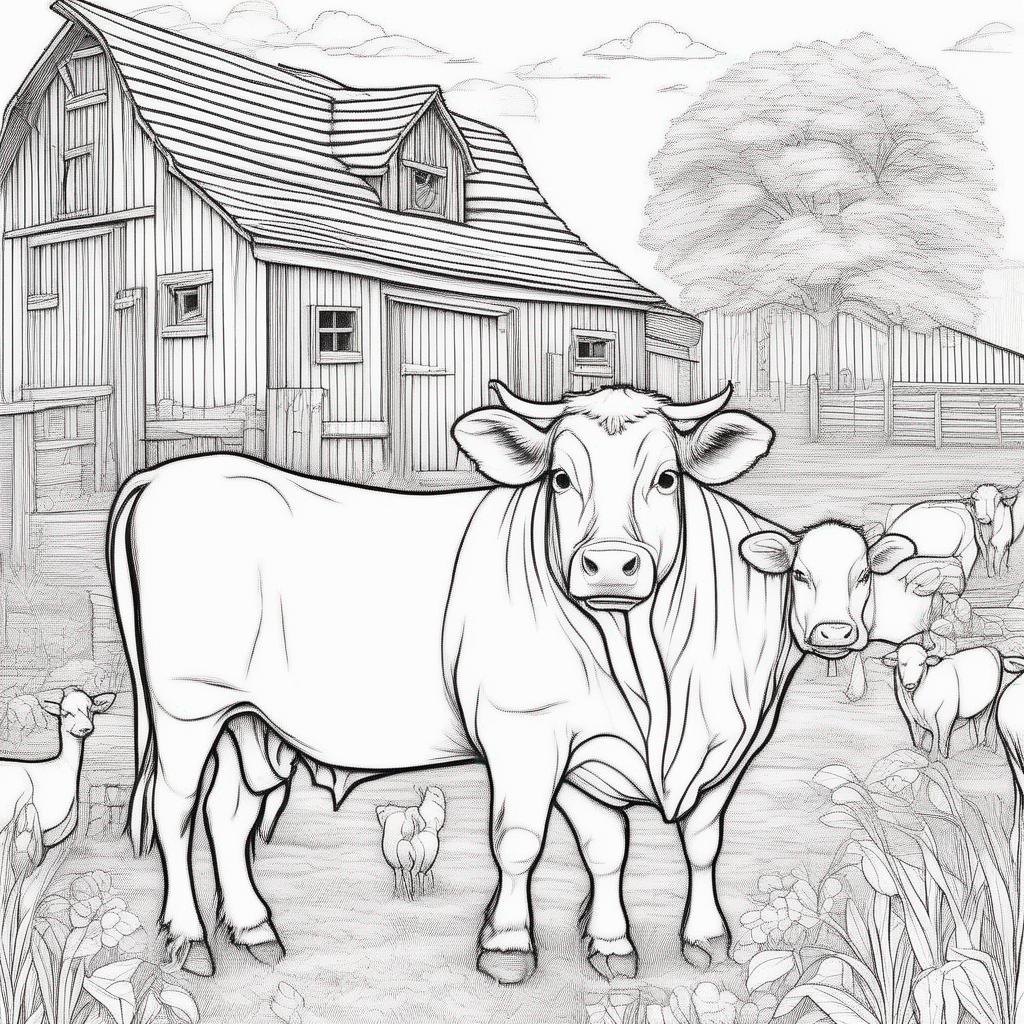 dieren kleurplaat - Een kleurplaat met een grote boerderij en een rietendak. Er lopen verschillende dieren rondom de boerderij