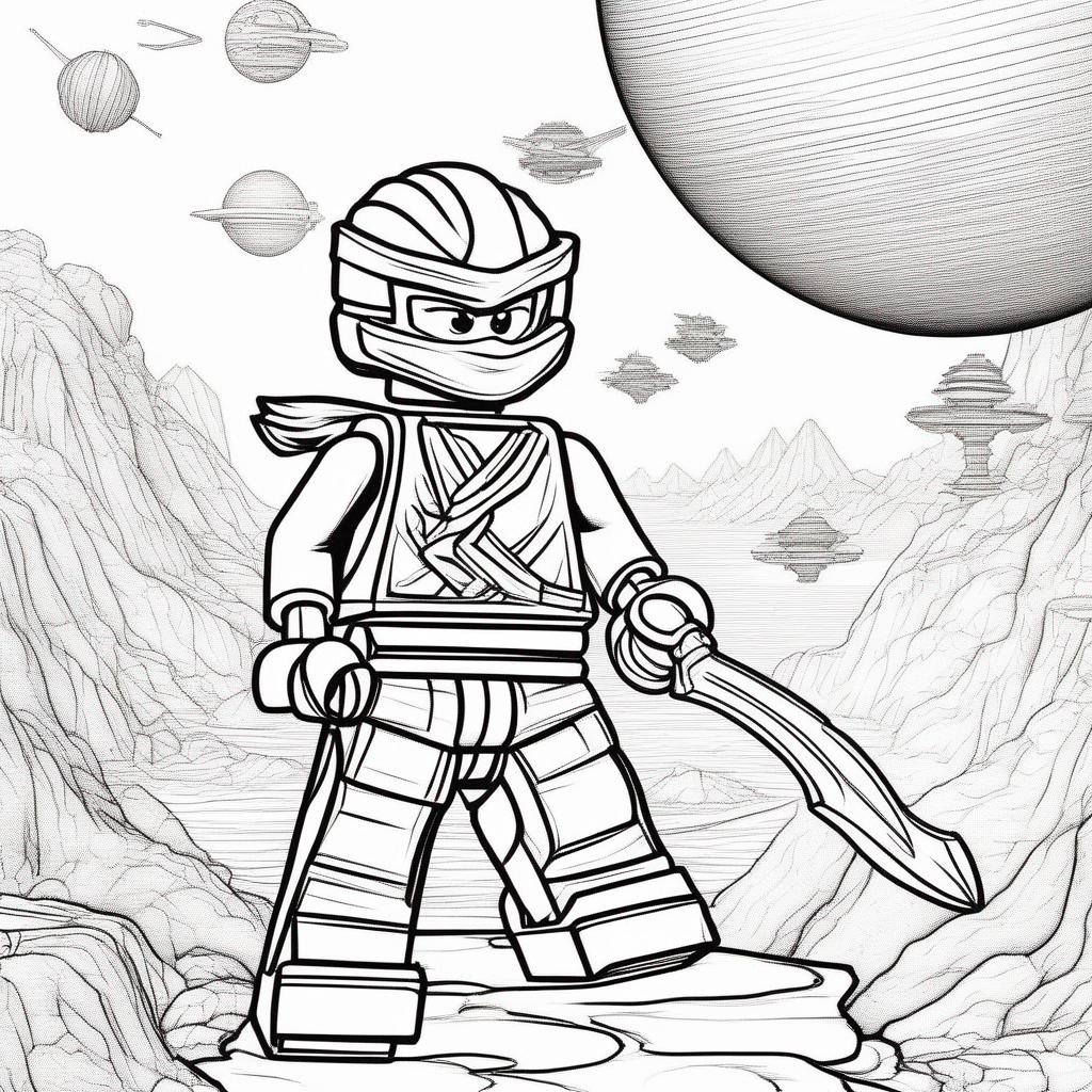 ruimte kleurplaat - een tekening met ninjago lego figuren in de ruimte met op achtergrond de planeet uranus