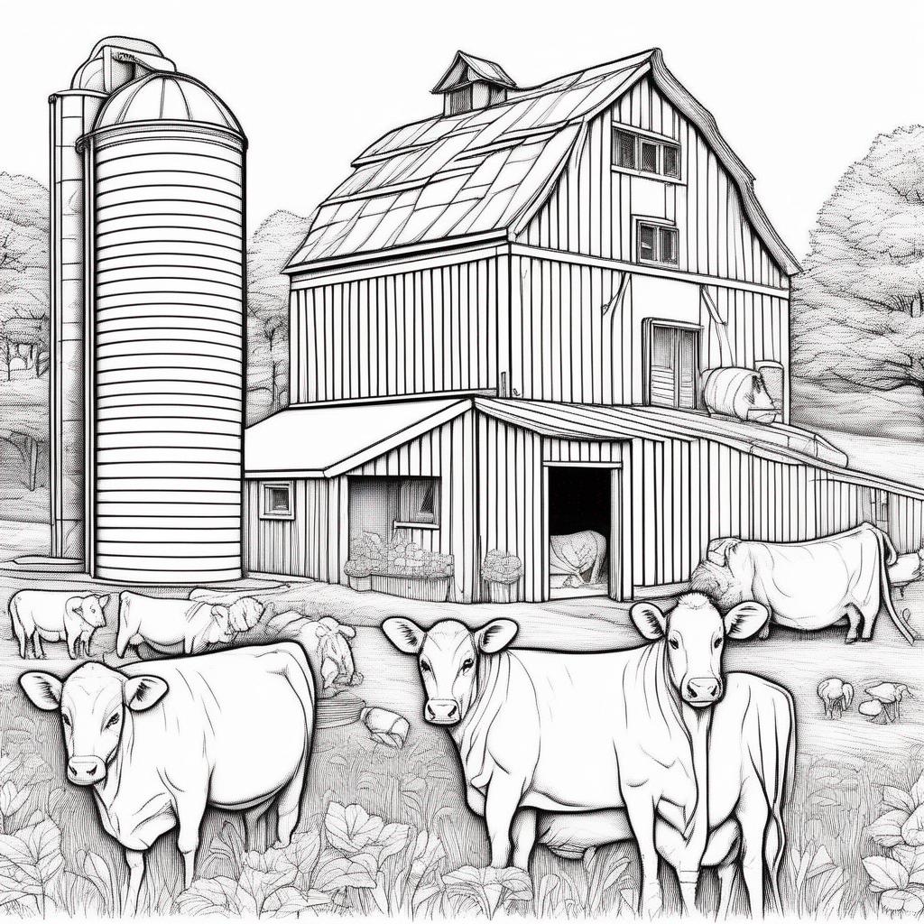 dieren kleurplaat - Een boerderij met woonhuis. Een stal, silo en deel. Met vee en huisdieren.