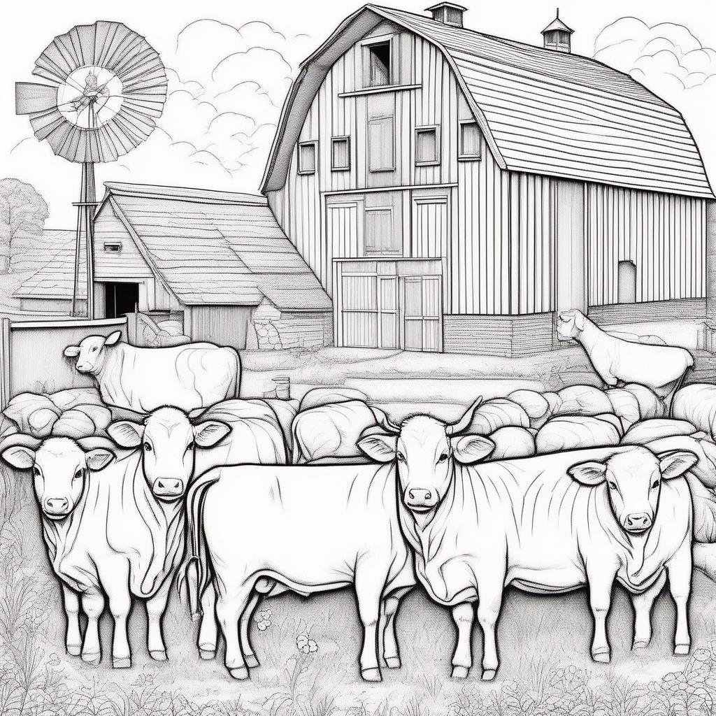 dieren kleurplaat - Een boerderij daarnast met woonhuis. Een stal, silo en deel. Met vee en huisdieren.