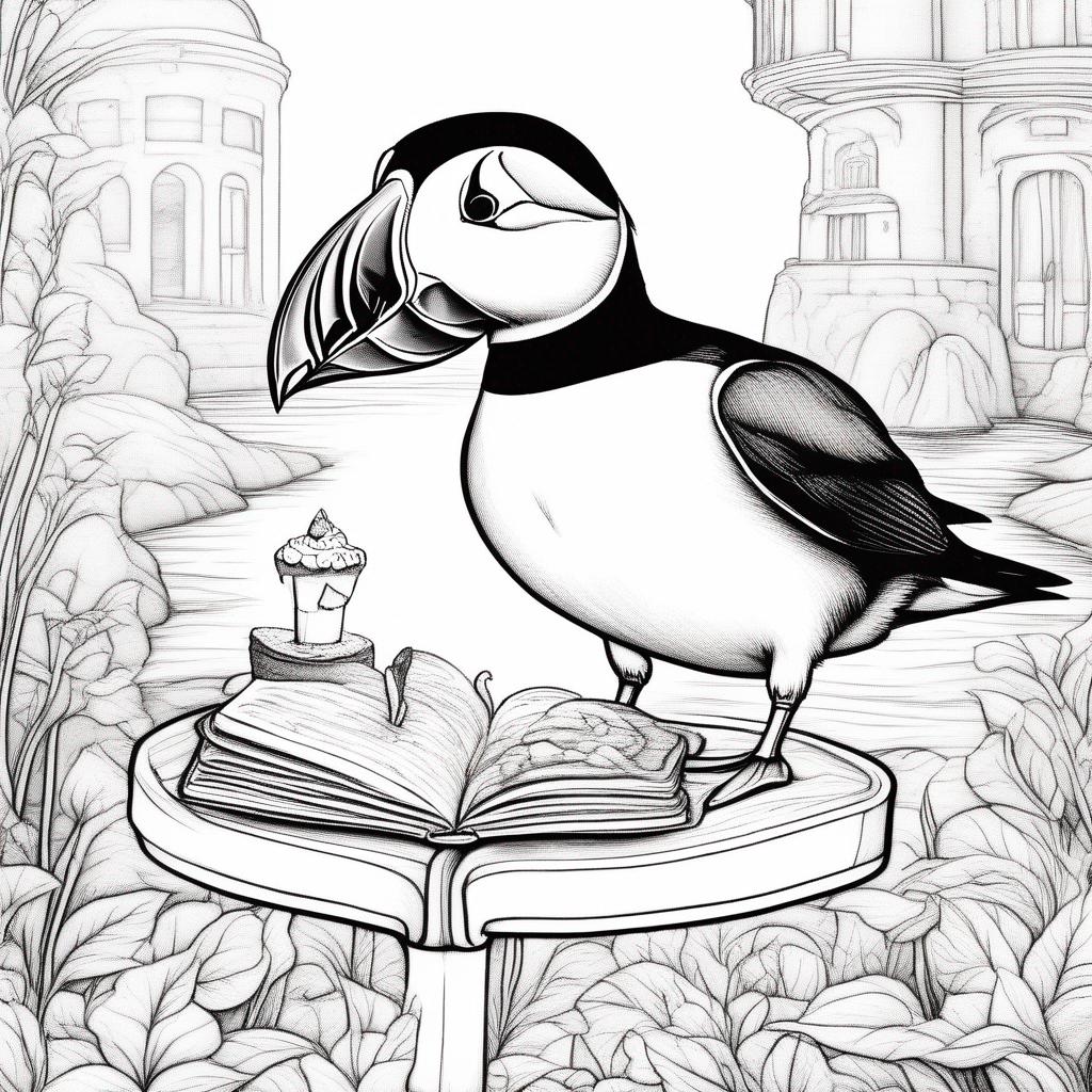 verjaardag kleurplaat - Puffin op een verjaardags taart 